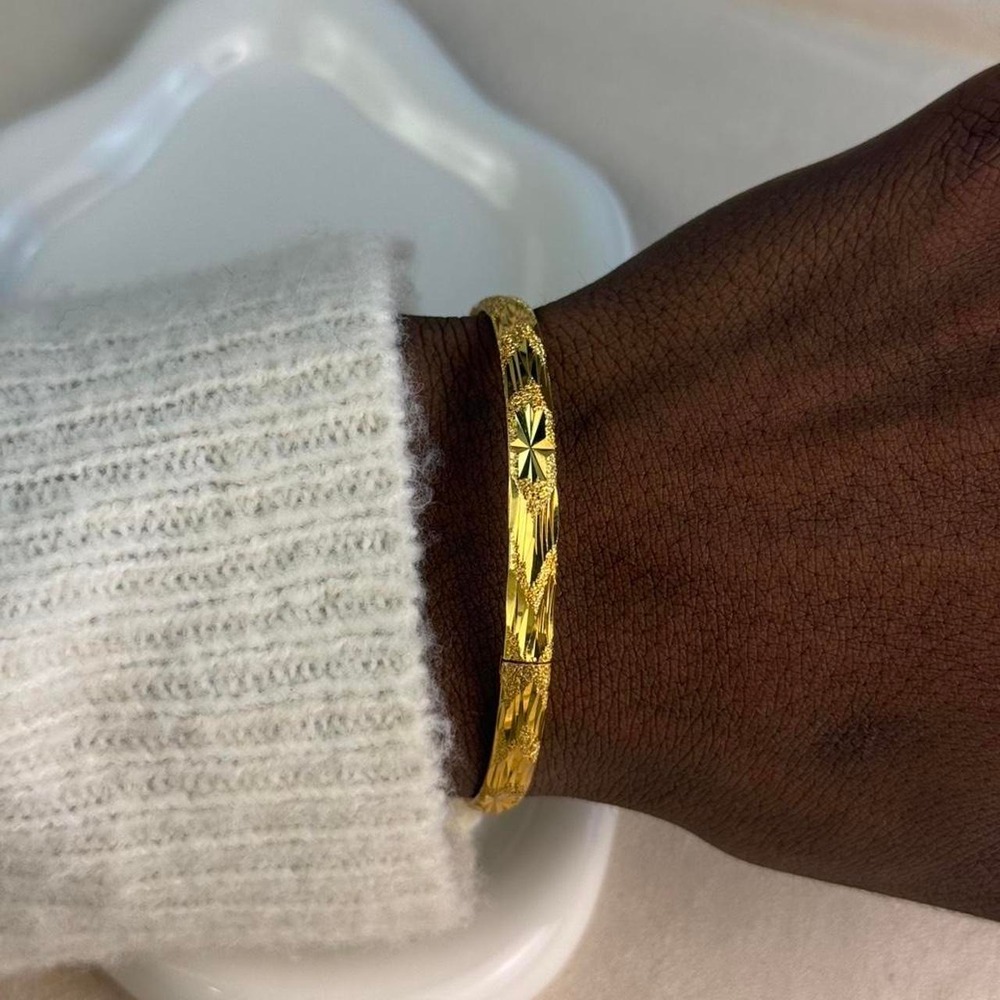 Solid Gold Engraved Bangle Bracelet Hinged Statement Jewelry Women